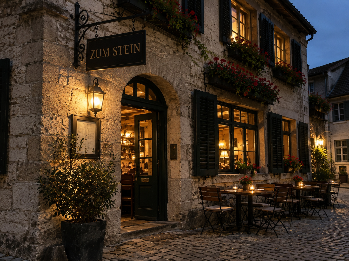 Das Haus Zum Stein am Abend, mit grünen Fensterläden